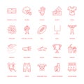 Vector line icons of american football game. Elements - ball, field, player, helmet, bullhorn. Linear signs set Royalty Free Stock Photo