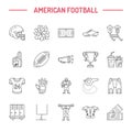 Vector line icons of american football game. Elements - ball, field, player, helmet, bullhorn. Linear signs set Royalty Free Stock Photo