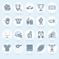 Vector line icons of american football game. Elements - ball, field, player, helmet, bullhorn. Linear signs set Royalty Free Stock Photo