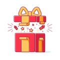 Vector line icons of christmas gift box with a firework. Cute illustration of red gift box, concept for boxing day sale. Royalty Free Stock Photo