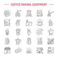 Vector line icons of coffee making equipment. Elements moka pot, french press, coffee grinder, espresso, vending, coffee