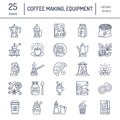 Vector line icons of coffee making equipment. Elements - moka pot, french press, coffee grinder, espresso, vending