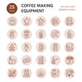 Vector line icons of coffee making equipment. Elements - moka pot, french press, coffee grinder, espresso, vending