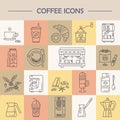 Vector line icons of coffeemaking equipment. Coffee set.