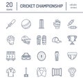 Vector line icons of cricket sport game. Ball, bat, wicket, helmet, batsman gloves. Linear signs set, championship Royalty Free Stock Photo