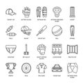 Vector line icons of cricket sport game. Ball, bat, wicket, helmet, batsman gloves. Linear signs set, championship Royalty Free Stock Photo