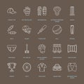 Vector line icons of cricket sport game. Ball, bat, wicket, helmet, batsman gloves. Linear signs set, championship Royalty Free Stock Photo