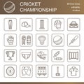 Vector line icons of cricket sport game. Ball, bat, wicket, helmet, batsman gloves. Linear signs set, championship Royalty Free Stock Photo