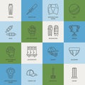 Vector line icons of cricket sport game. Ball, bat, wicket, helmet, batsman gloves. Linear signs set, championship Royalty Free Stock Photo