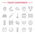 Vector line icons of cricket sport game. Ball, bat, wicket, helmet, batsman gloves. Linear signs set, championship Royalty Free Stock Photo