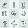 Vector line icons of cricket sport game. Ball, bat, wicket, helmet, batsman gloves. Linear signs set, championship Royalty Free Stock Photo