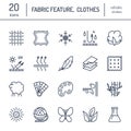 Vector line icons of fabric feature, garments property symbols. Elements - cotton, wool, waterproof, uv protection. Royalty Free Stock Photo