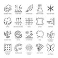 Vector line icons of fabric feature, garments property symbols. Elements - cotton, wool, waterproof, uv protection. Wear labels