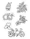 Vector Line Icons set. Includes such Icons as diamond, cupcake, two rings together, tandem bike, bouquet of flowers