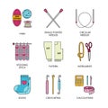 Vector line icons set of knitting and crochet. Knitting elements: yarn, knitting needle, knitting hook, pin and others.