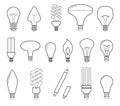 Vector line illustration of main electric lighting types: incandescent light bulb, halogen lamp, cfl and led lamp. Flat Royalty Free Stock Photo