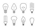 Vector line illustration of main electric lighting types: incandescent light bulb, halogen lamp, cfl and led lamp. Flat Royalty Free Stock Photo