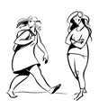 Vector line illustration. Plump girl in dress with backpack walks, and overwight woman in simple clothes stands