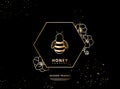 Vector line logo with gold honeybee and flowers for company, label isolated on black background.