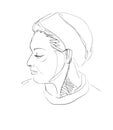 Vector line sketch of a half-turn of the face of an adult woman from the Middle East with a turban on her head. Pen drawn portrait