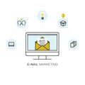 Vector line style illustration with opened envelope coming out from computer screen and set of email icons in circles. Royalty Free Stock Photo