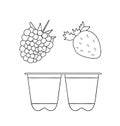 Vector line yoghurt pack icon with fruit and berry. Hand drawn organic fresh dairy product isolated on white background. Natural