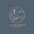 Vector linear boho emblem with snowcapped mountain landscape