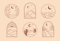 Vector linear boho icons with forest,mountains landscape,desert dunes,sea.Travel emblems