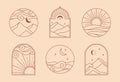 Vector linear boho icons with mountains landscape,desert,sea.Travel emblems