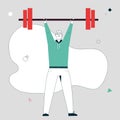 Vector linear character illustration of smiling sportsman lifted barbell