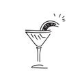 Vector linear Cocktail with slice of lime. Icon. A slice of lemon with a martini or mojito glass. Cocktail glass, doodle style Royalty Free Stock Photo