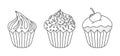 Vector linear cupcake set. Three outline isolated sweet desserts with cherry, sprinkles and butter cream on white