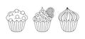 Vector linear cupcake stickers set. Three isolated outline sweet dessert on white