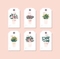 Vector linear design beautiful flowers bouquet on white background. Greeting tags set with typography and colorful icon. Royalty Free Stock Photo