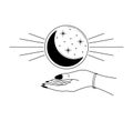 Vector linear esoteric illustration with hand holding a glass ball with crescent and stars isolated on white background
