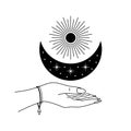 Vector linear esoteric illustration with hand holding Moon and Sun isolated on white background