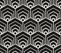 Vector linear geometric seamless pattern with hexagons, tiles, fish scale grid. Black and white abstract background. Simple Royalty Free Stock Photo