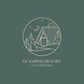 Vector linear glamping emblem with abstract winter forest landscape and house or tent