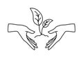 Vector linear icon - human hand holding growing plant isolated on white background. Concept emblem or logo design Royalty Free Stock Photo