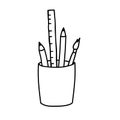 Vector linear icon pencils in a glass. Doodle style illustration