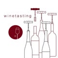 Bottles of wine and a corkscrew with a cork. Vector linear icon of wine tasting.