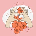 Vector linear illustration of female hands show heart silhouette. Heart shape silhouette with flowers. Concept Royalty Free Stock Photo