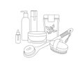 Vector linear illustration set wood dry brush for scrubbing body with coffee scrub, lotion and cosmetic cream. Beauty