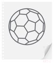 Vector linear illustration of a soccer ball on a piece of paper with a curved corner and holes from springs, school line icon