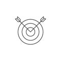 Vector linear image of two arrows sticking out of a target, a flat line icon.