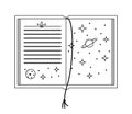 Vector linear opened book with outter space illustration. Isolated outline textbook of astrology on white