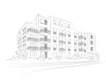 Vector linear project of block of flats. Archirectural concept sketch of modern house. Royalty Free Stock Photo