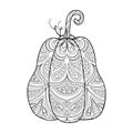 Vector linear pumpkin with ornament for adult coloring book. Isolated outline vegetable with oriental motif