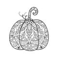 Vector linear pumpkin with ornament for coloring page. Isolated outline vegetable with oriental motif