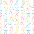 Vector linear seamless pattern with baby carriages and strollers